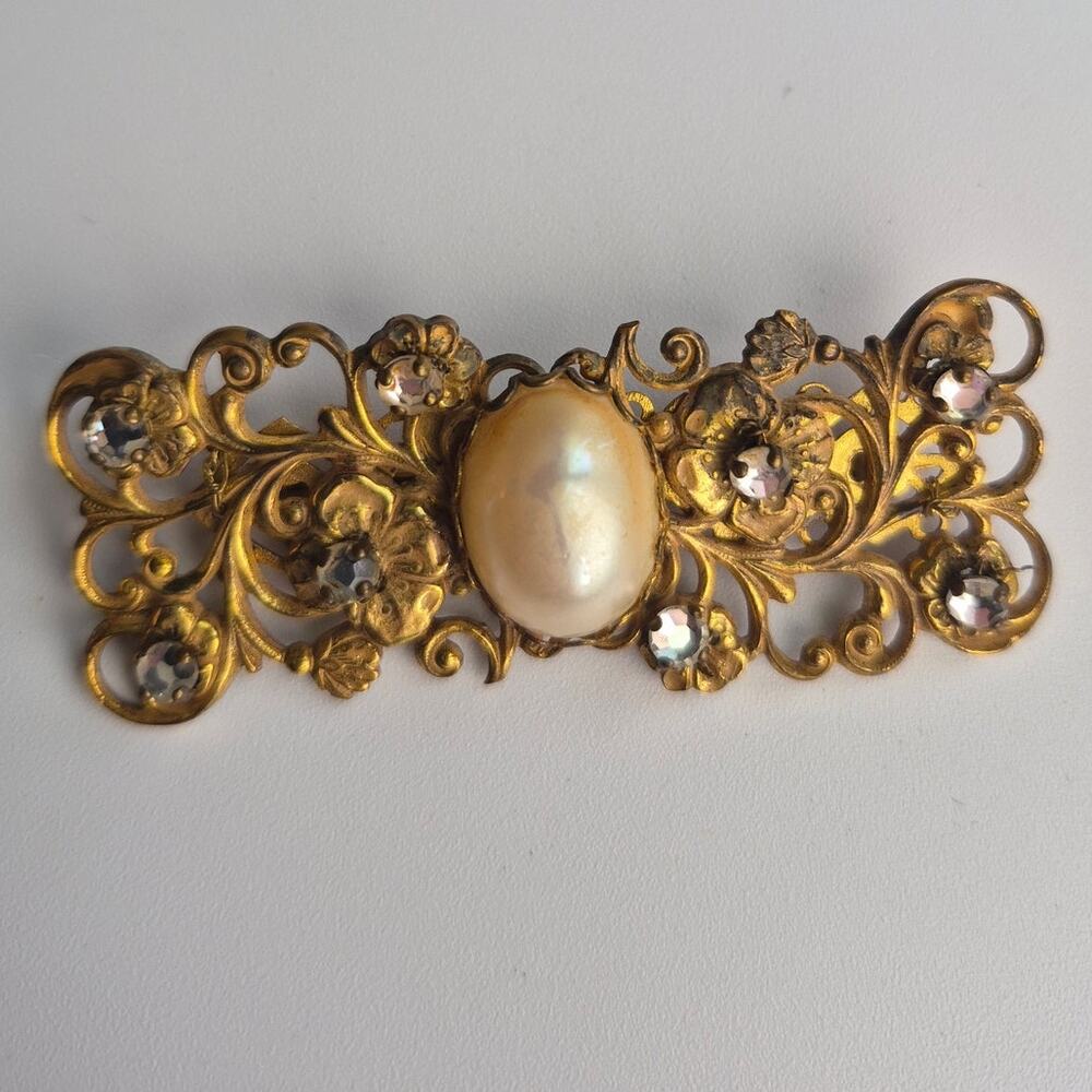 Vintage Miriam Haskell Signed Bar Brooch | Faux Baroque Pearl Filigree Pin